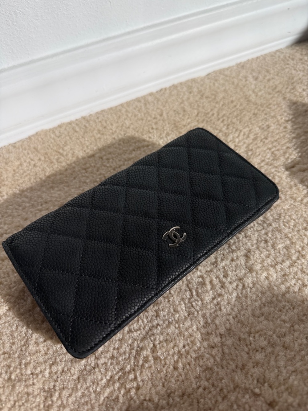CHANEL Black Quilted Leather Long Wallet with Silver CC